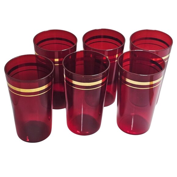 6 Anchor Hocking Royal Ruby Glasses 4.7" vtg red glass 9oz tumblers gold stripes - Picture 2 of 11